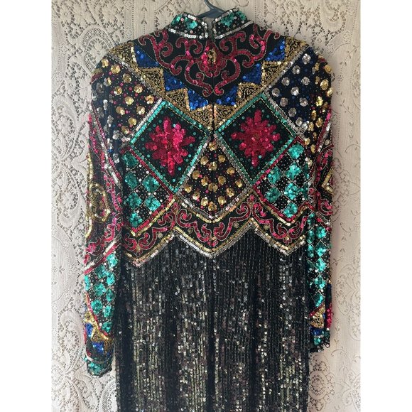Oleg Cassini Black Tie Black Vintage 100% Silk Beaded Sequined 80s 90s Dress 10 - Picture 9 of 11